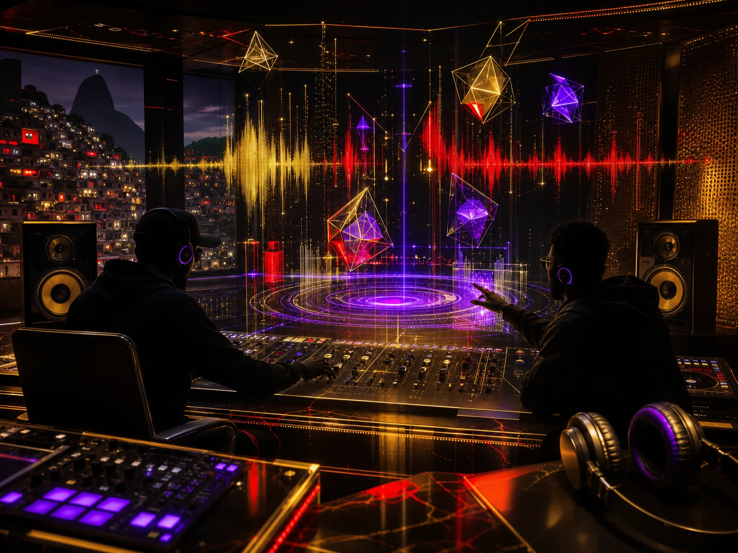 Criadores de funk em estúdio futurista com mesa de som, ondas musicais holográficas e artefatos digitais